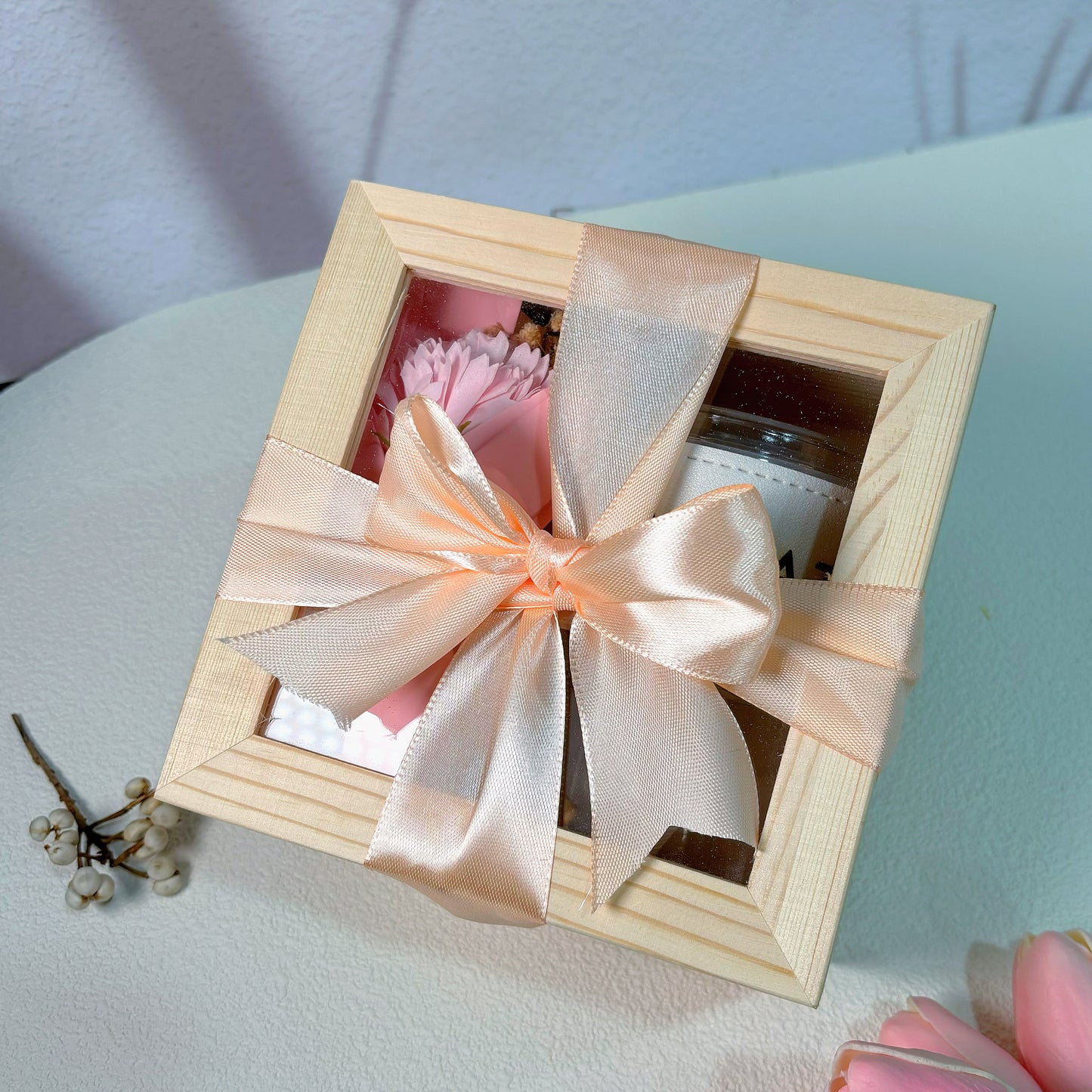 For Her Gift Set (Glass Mug, Soap, Flower Bouquet & Wooden Box)