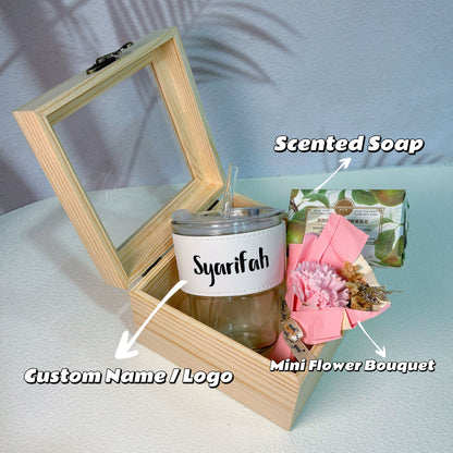 For Her Gift Set (Glass Mug, Soap, Flower Bouquet & Wooden Box)