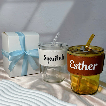 Personalised Glass Cup with Lid and Straw