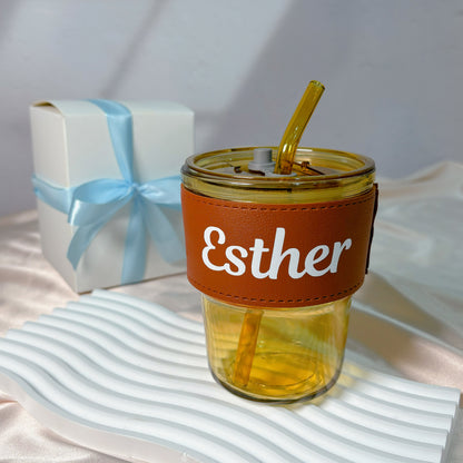 Personalised Glass Cup with Lid and Straw