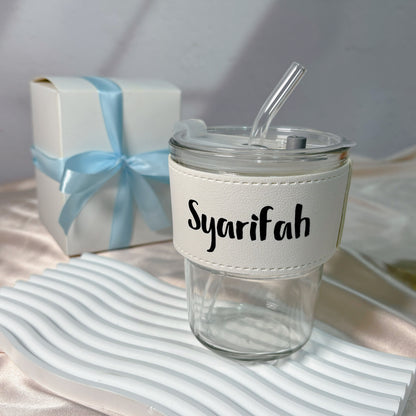 Personalised Glass Cup with Lid and Straw