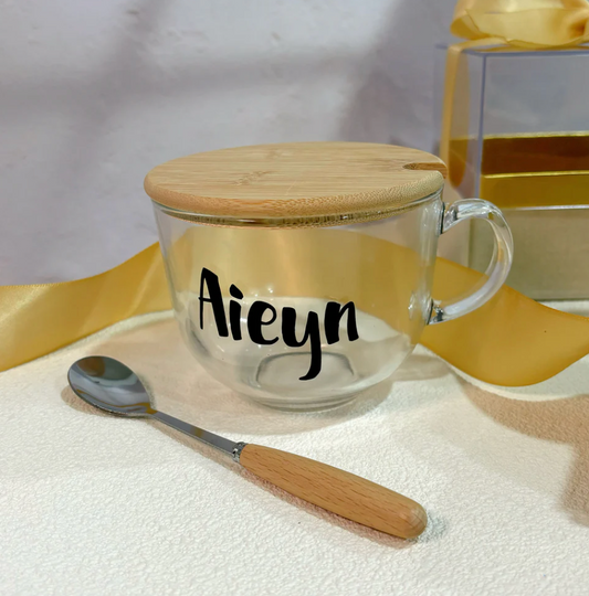 Glass Mug with Wooden Lid and Spoon